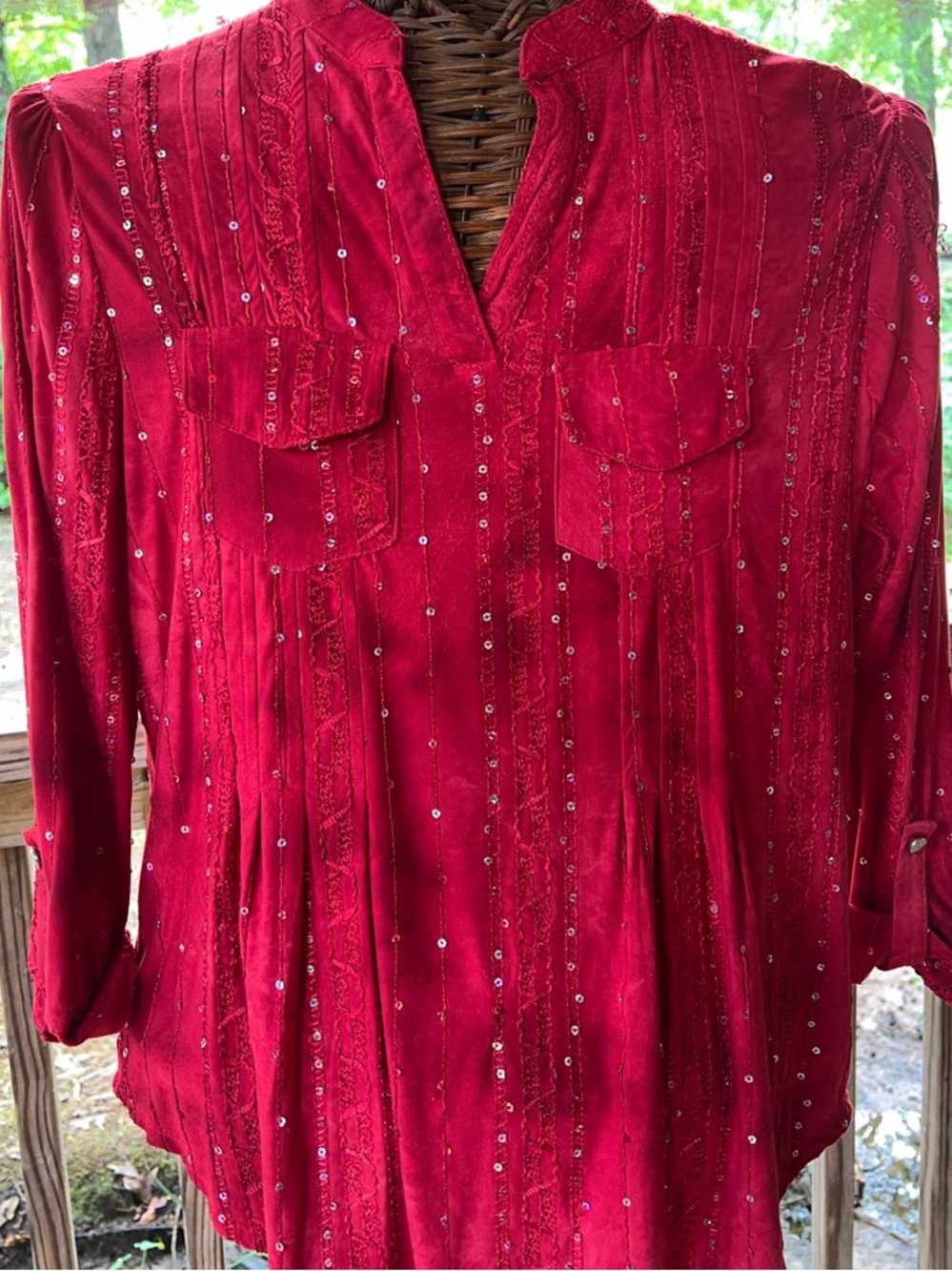 Red Sequin Ombré Embellished Tunic Top